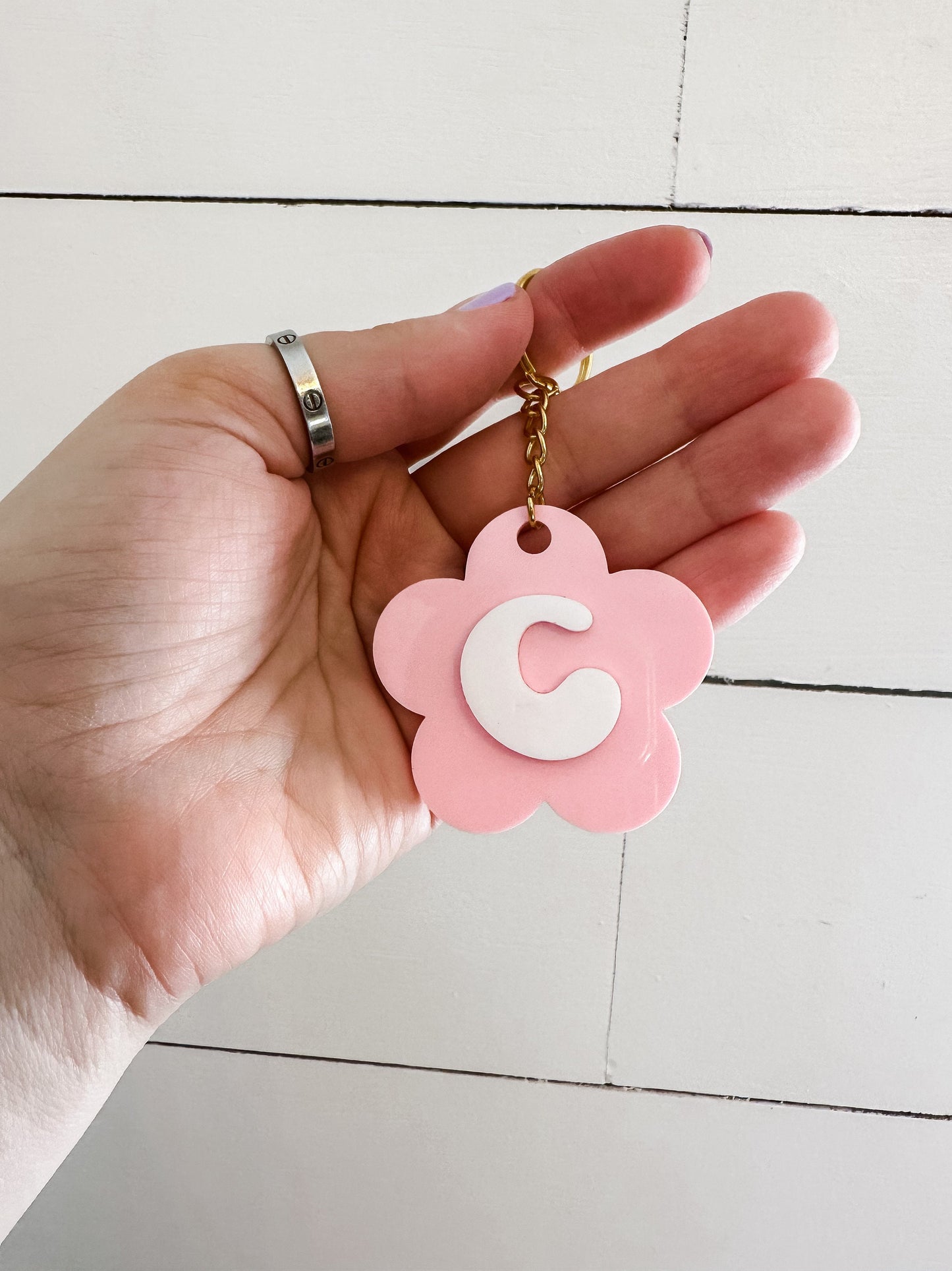 Retro Flower Initial Keychain