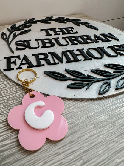 Retro Flower Initial Keychain